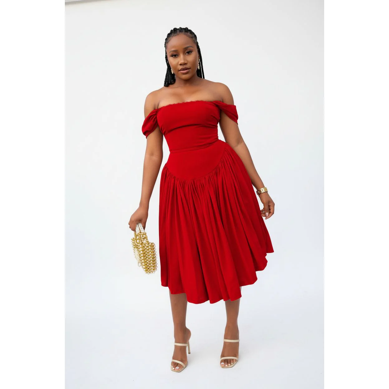 Off-Shoulder High waist Pleated Midi Dress - Image 2