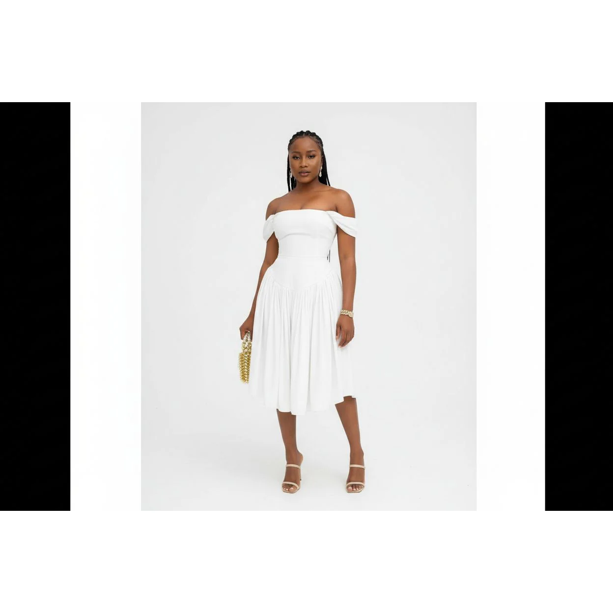 Off-Shoulder High waist Pleated Midi Dress - Image 3