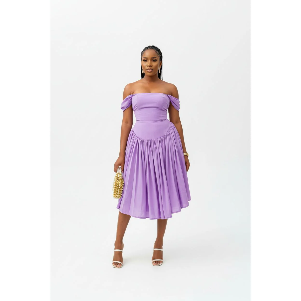 Off-Shoulder High waist Pleated Midi Dress - Image 4