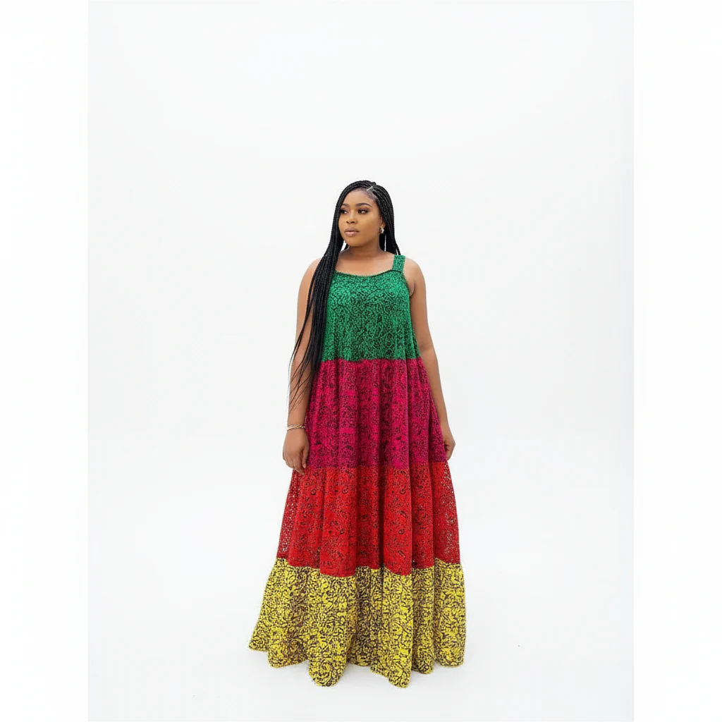 Multicolor Styles Vibrant  African Print Pleated Maxi Dress.