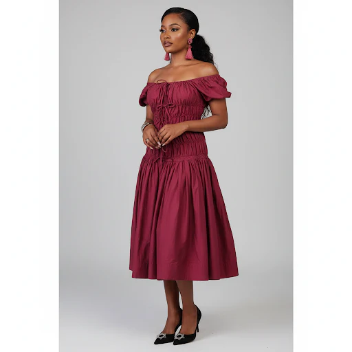 Off-Shoulder Plain Colour High waist Pleated Midi Dress - Image 3