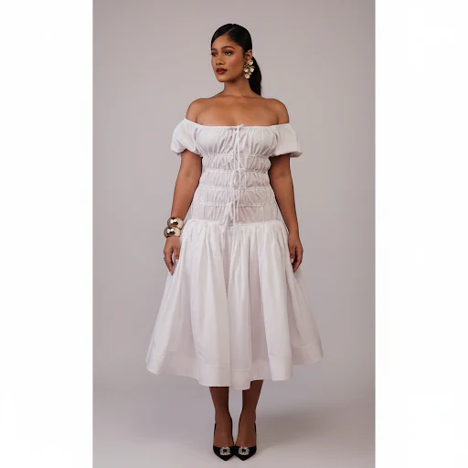 Off-Shoulder Plain Colour High waist Pleated Midi Dress - Image 4