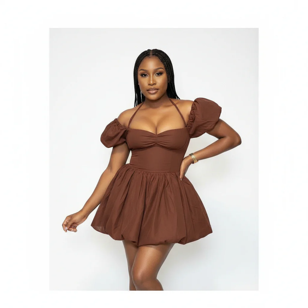 Off Shoulder Short Puff Sleeve Mini Dress - Image 5