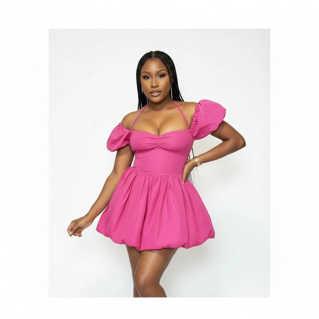 Off Shoulder Short Puff Sleeve Mini Dress - Image 6