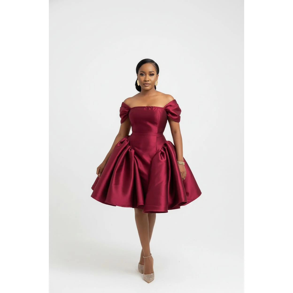 Off Shoulder Silk Pleat Knee Dress - Image 2
