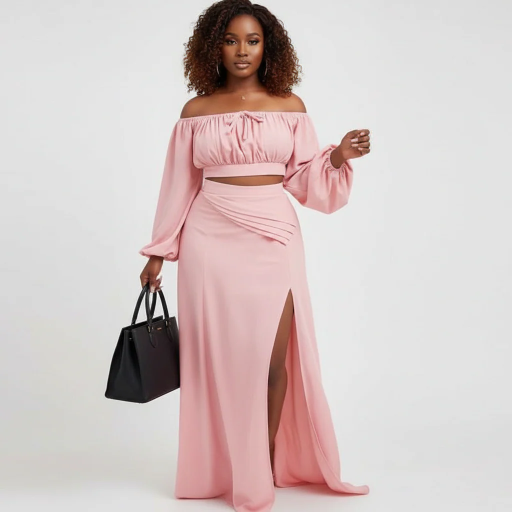 Off Tie Shoulder Crop Top and Skirt Set - Image 2