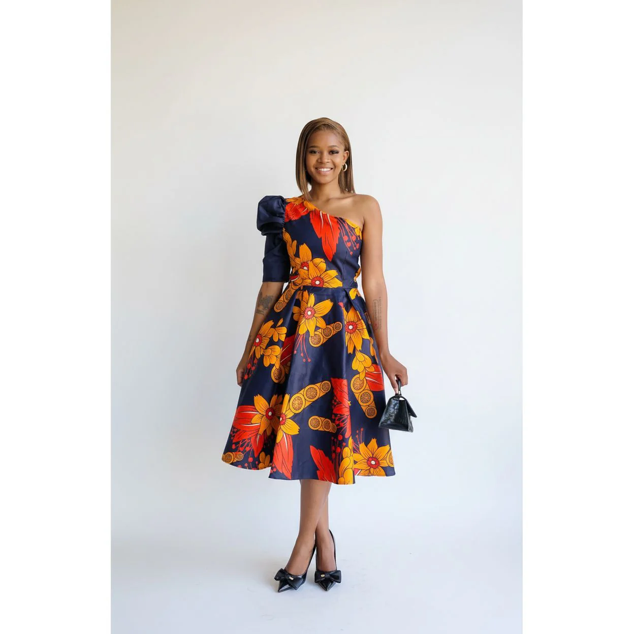 One Hand Off Shoulder Midi Ankara Dress