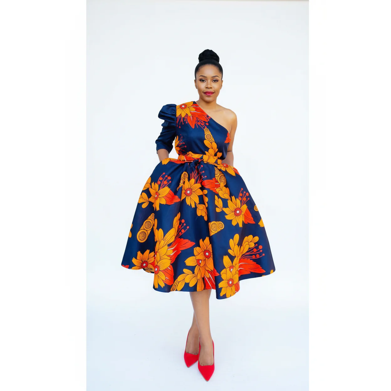 One Hand Off Shoulder Midi Ankara Dress - Image 2