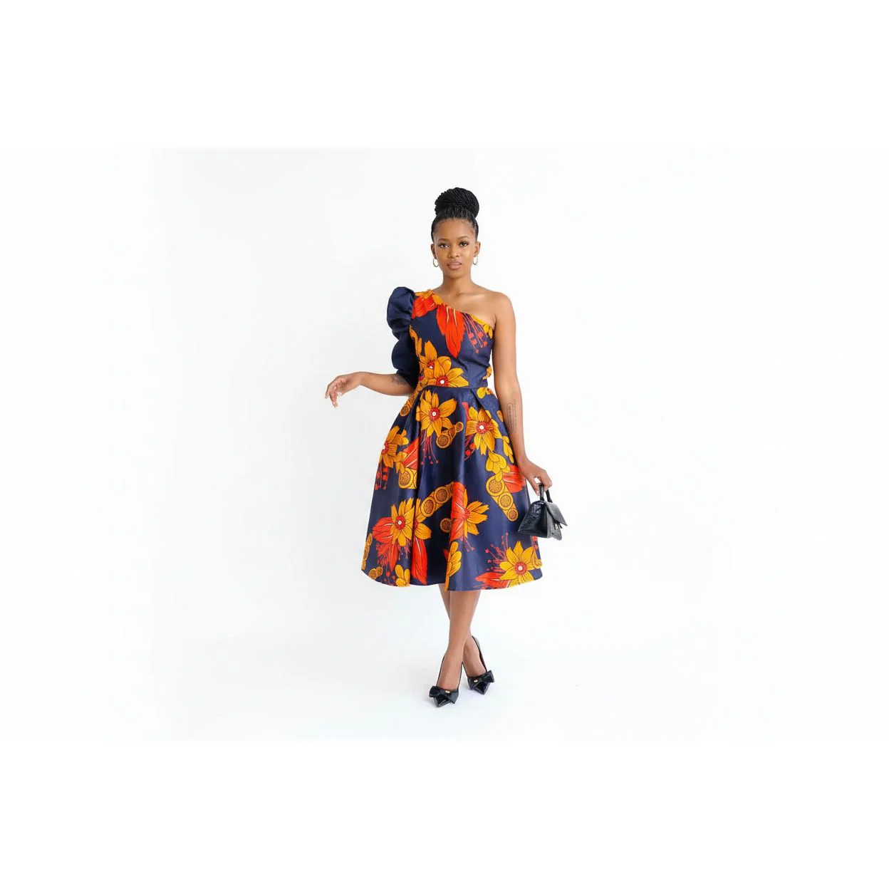 One Hand Off Shoulder Midi Ankara Dress - Image 3