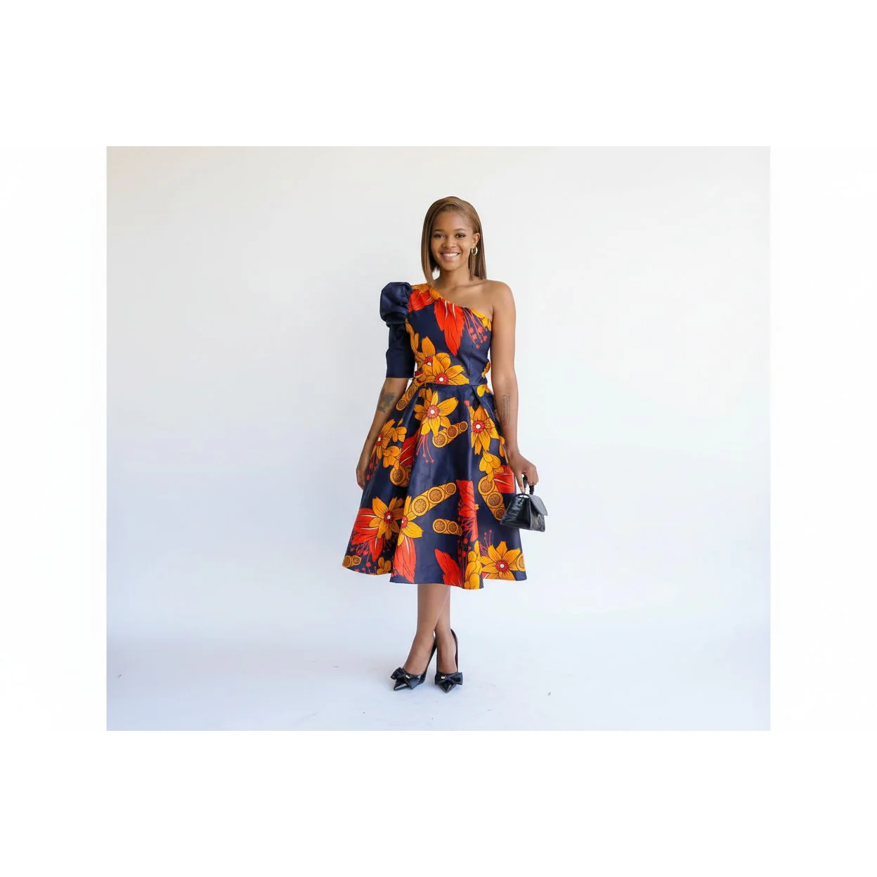 One Hand Off Shoulder Midi Ankara Dress - Image 4