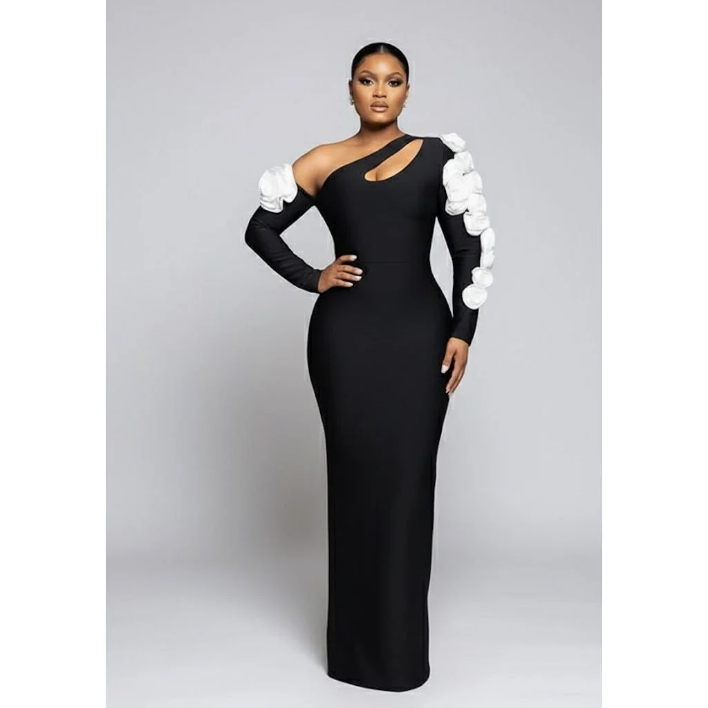 One-Shoulder Floral Sleeve Bodycon Maxi Dress