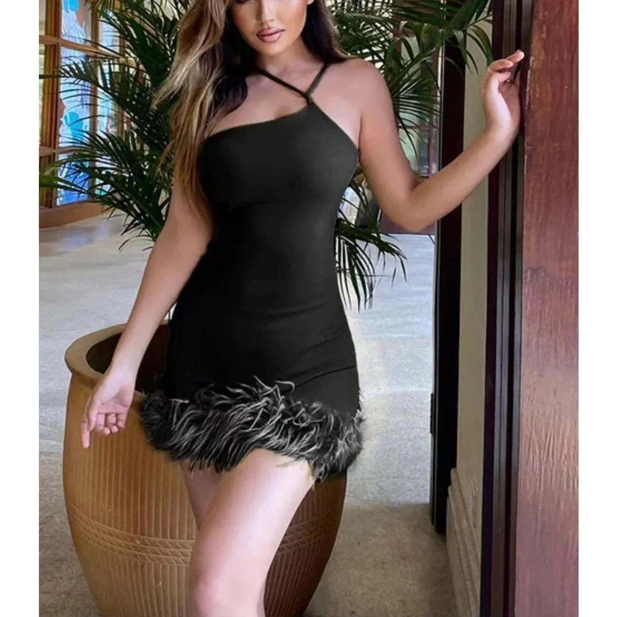 One Shoulder Fox Fur Mini Dress - Image 11