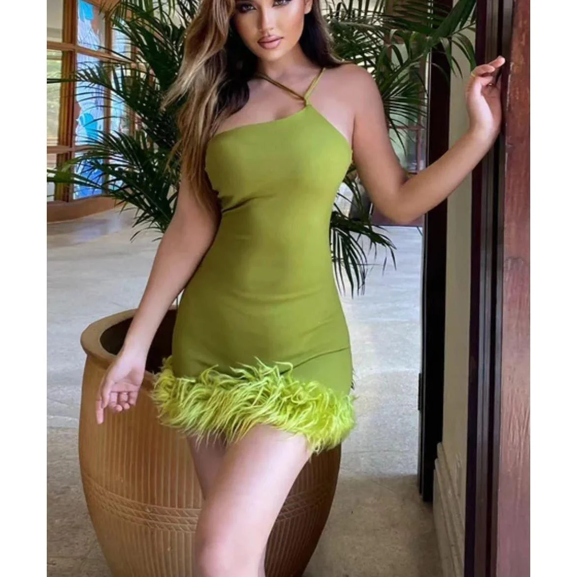One Shoulder Fox Fur Mini Dress - Image 8