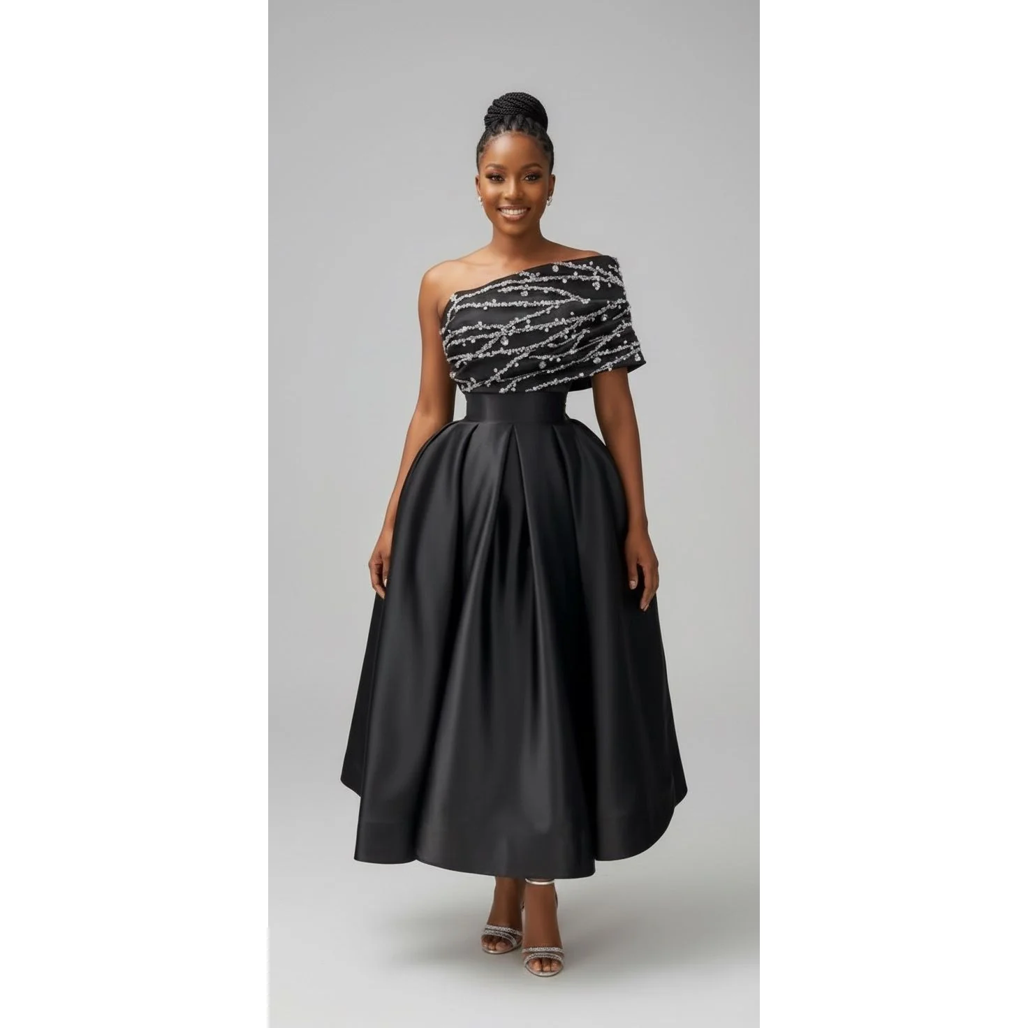 One Shoulder Satin A-Line Evening Gown Elegant Dress - Image 2