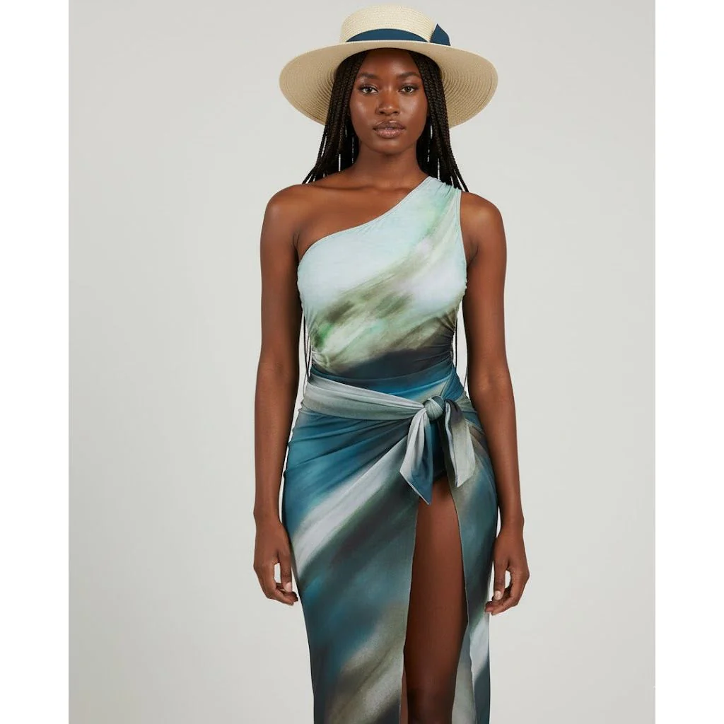One Shoulder Swimsuit with Matching Sarong Cover-Up Set - Image 2