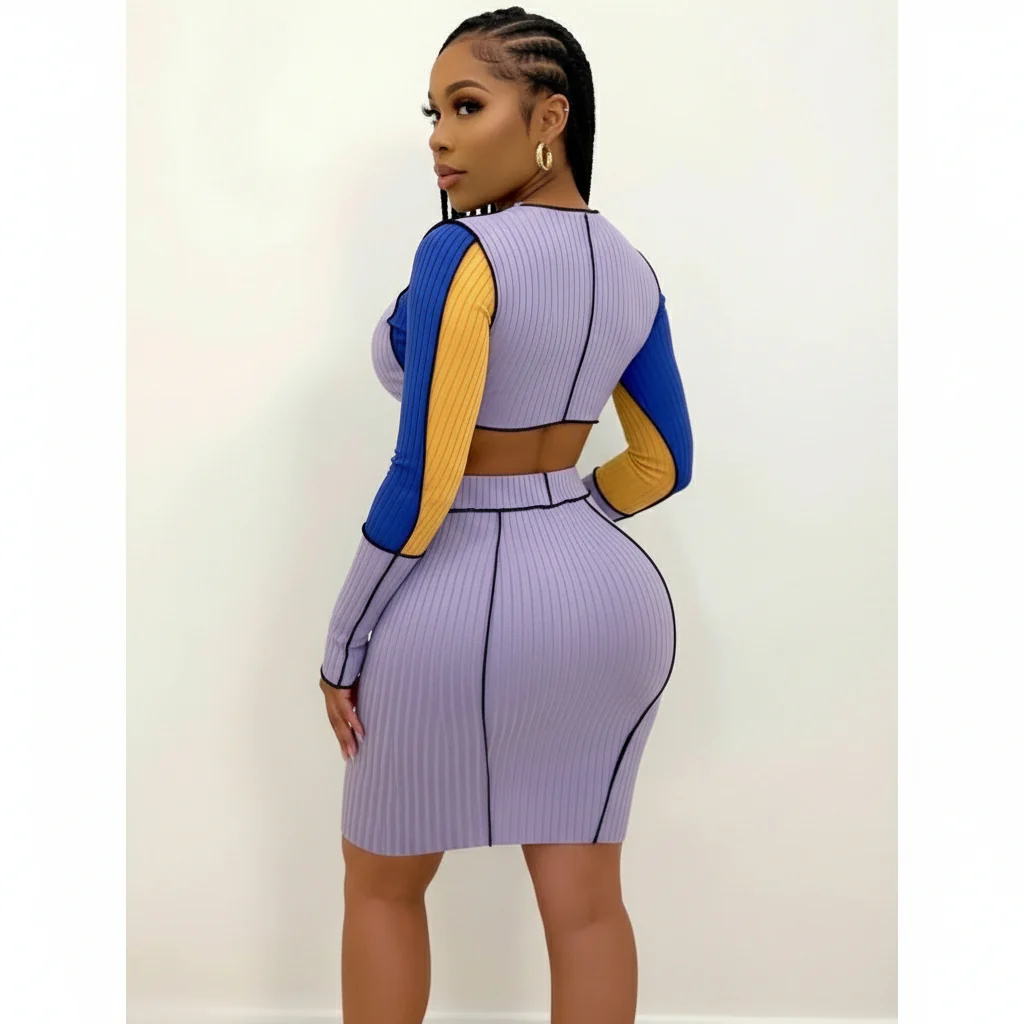 Patchwork Lace-up Hollow-out Two Piece Set - Image 2