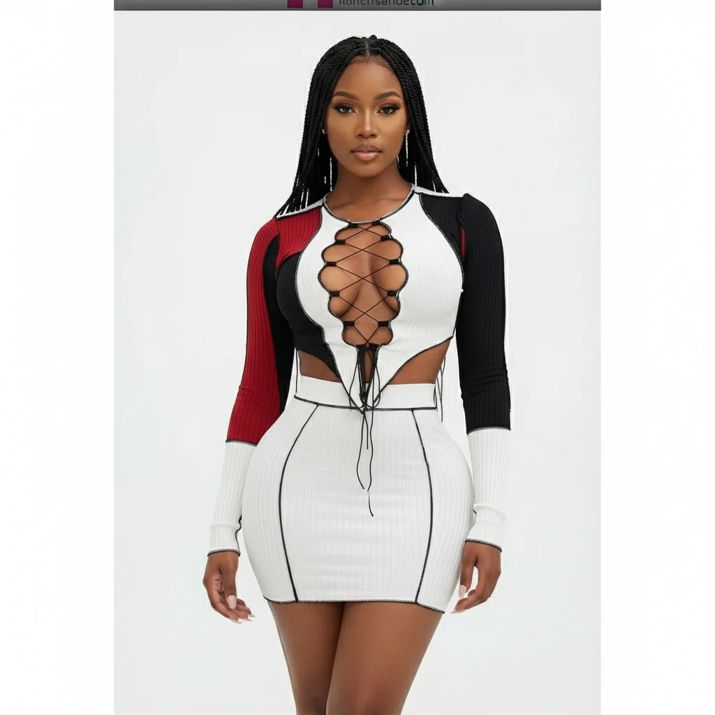 Patchwork Lace-up Hollow-out Two Piece Set - Image 4