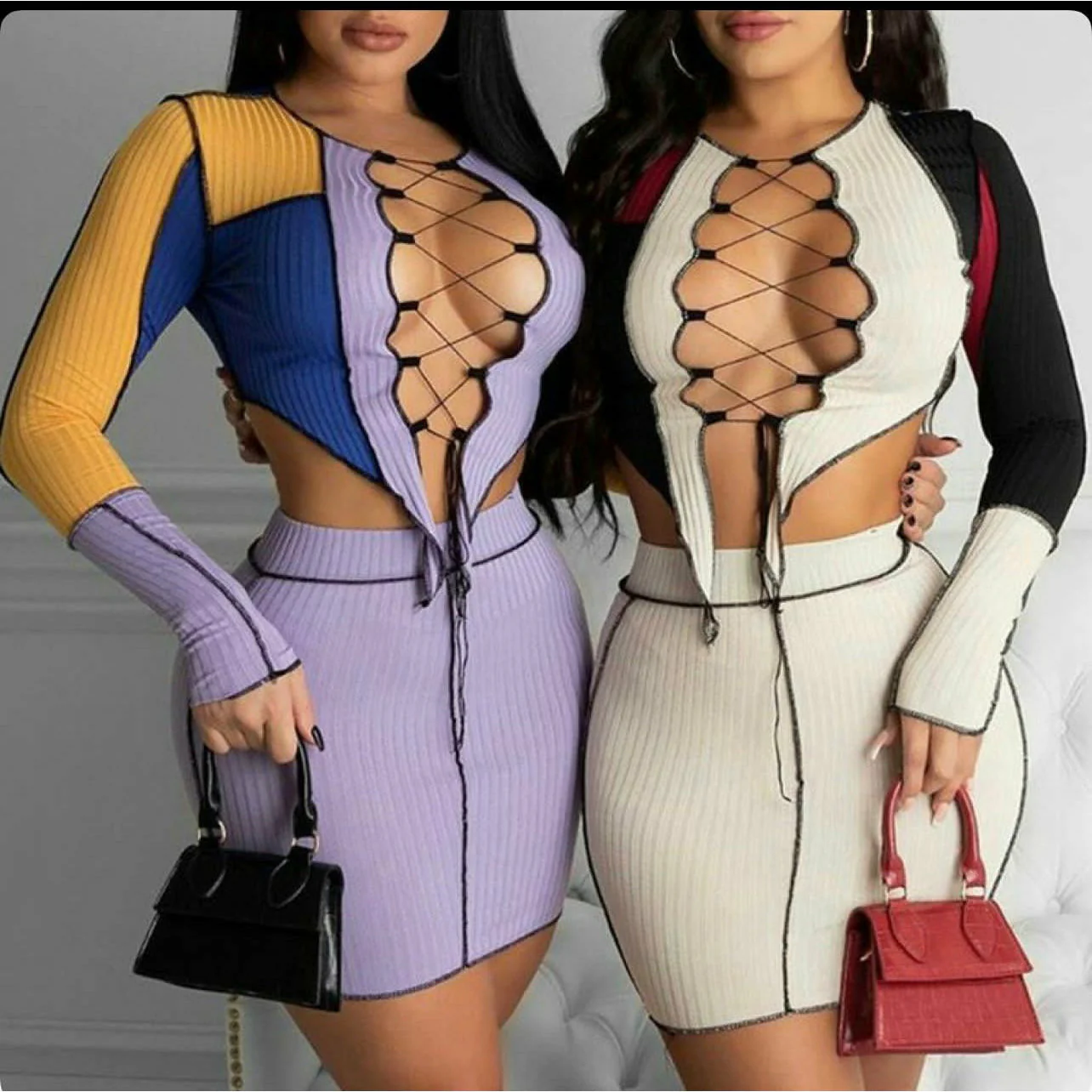Patchwork Lace-up Hollow-out Two Piece Set - Image 7