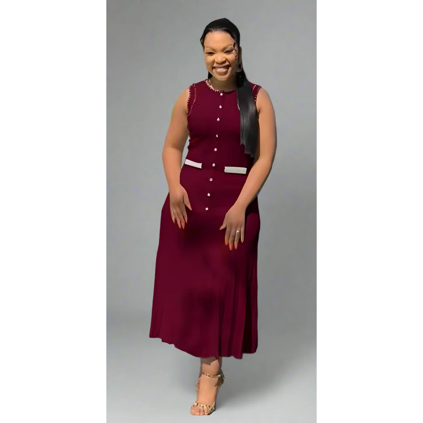 Pearl Decor Elegant Sleeveless Corset Midi Dress. - Image 2