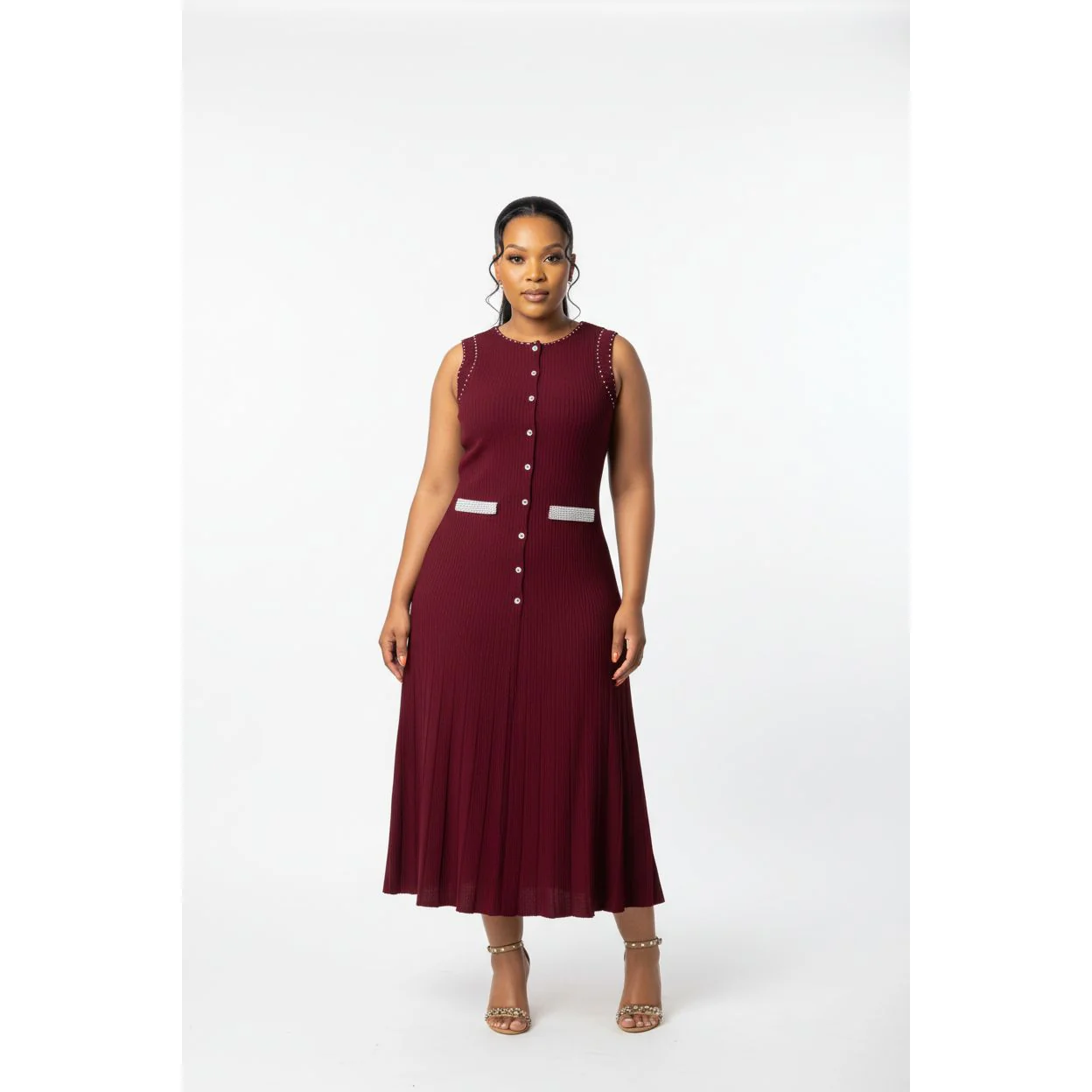 Pearls & Buttons Knit Bodycon Midi Dress
