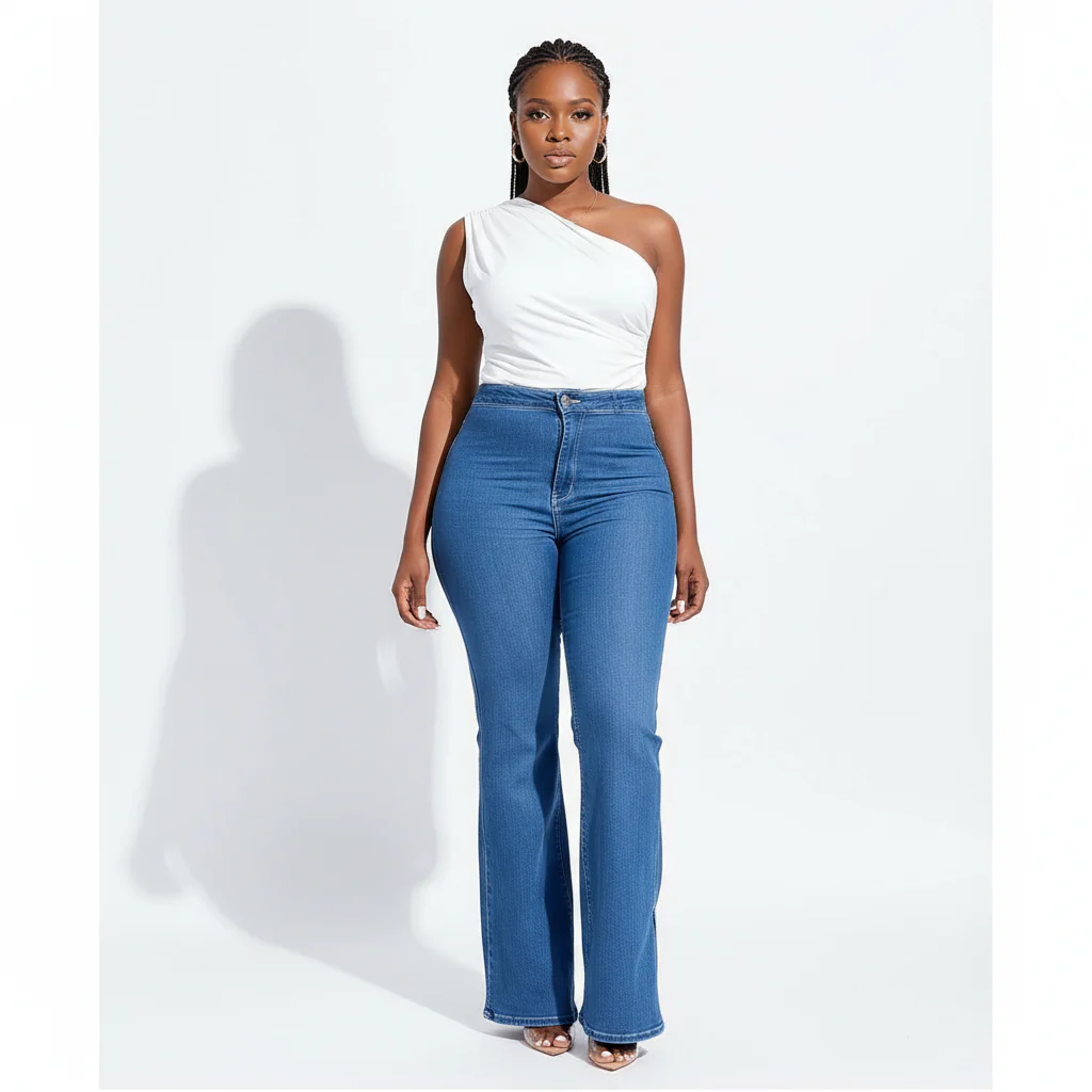 Plus Size Ladies' Flared Denim Pants With Pockets, For Everyday Casual Wear