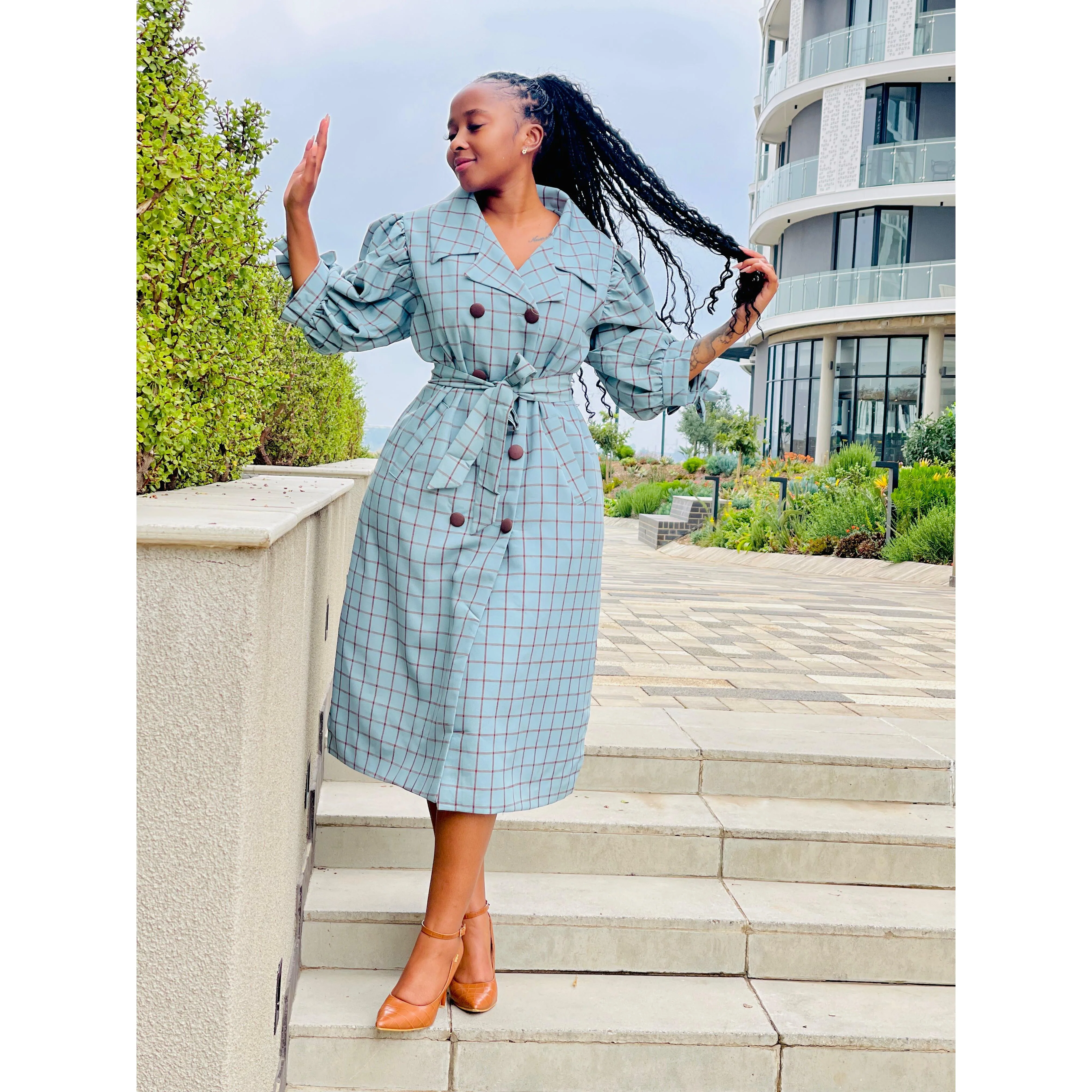 Plaid Double Breasted Short Sleeve Coat - Image 2