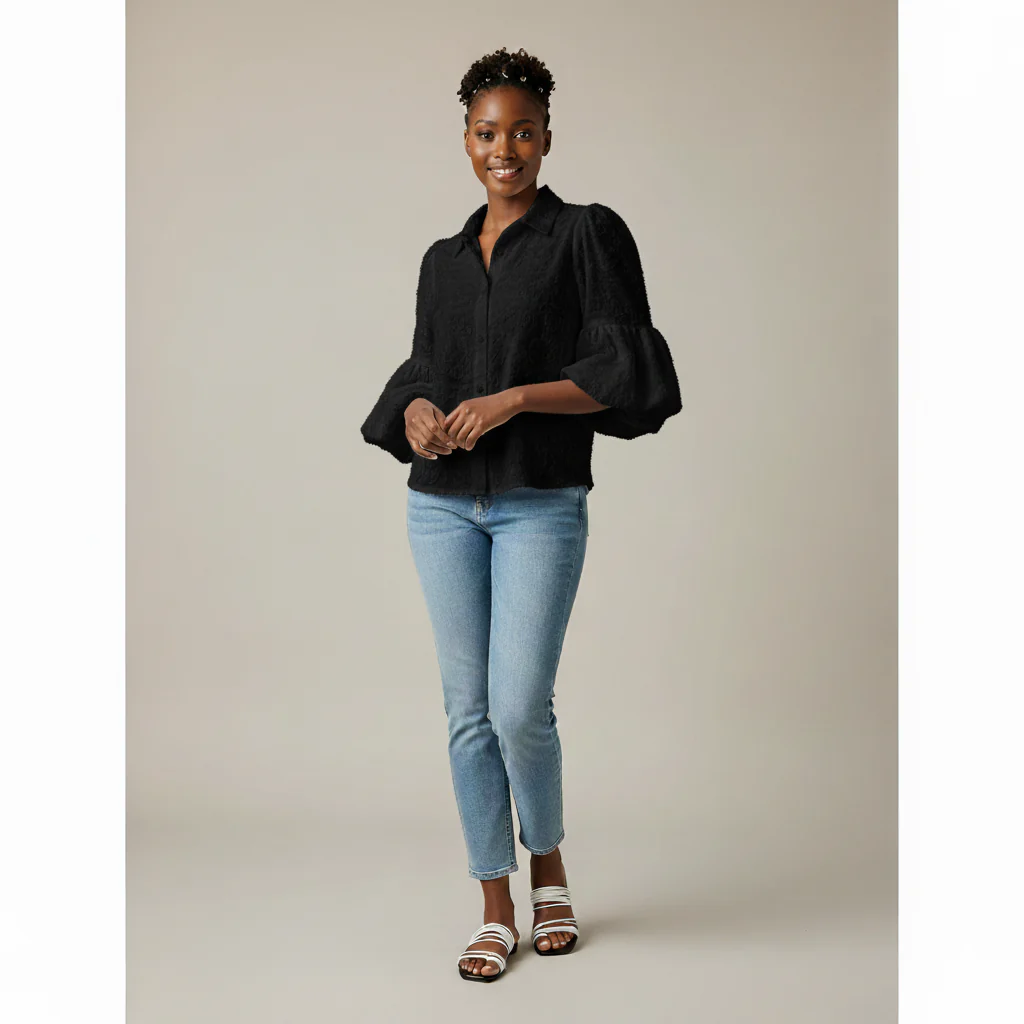Plain Color Puff Sleeve Cropped Shirt - Image 3