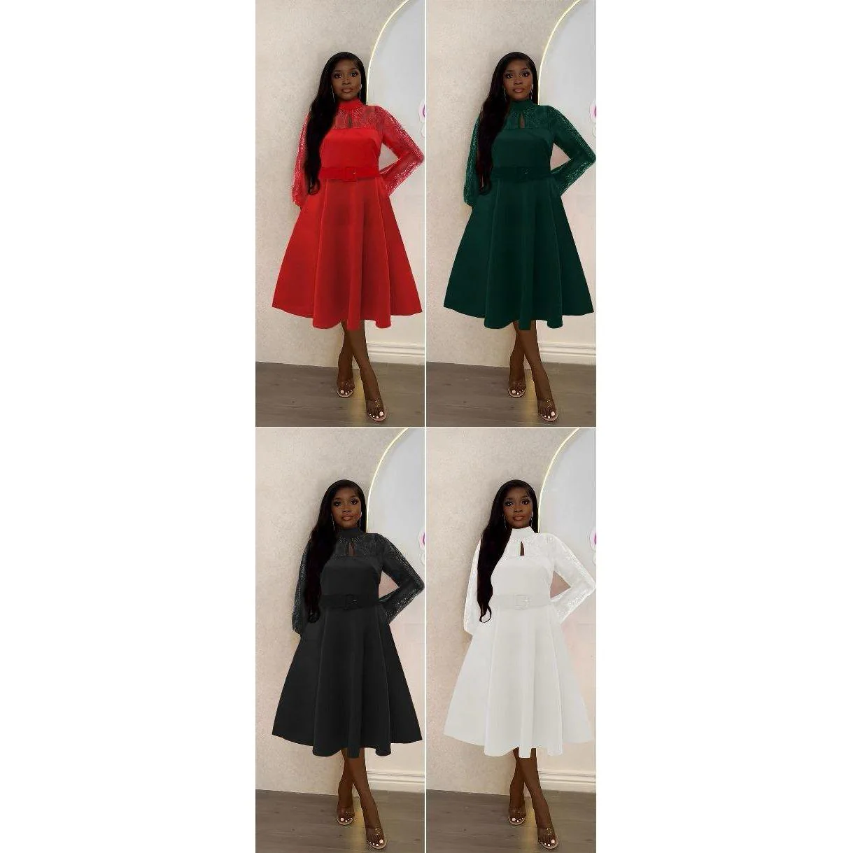Pleated O-Neck Lace Patchwork Dress. - Image 5