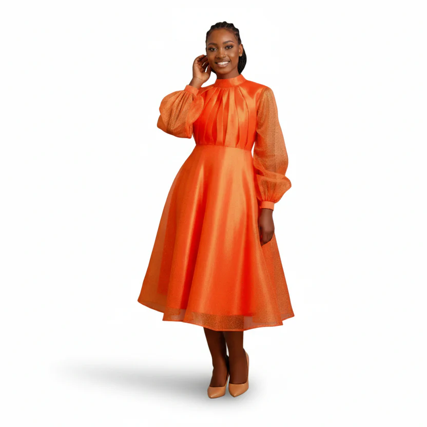 Pleated And Fluffy Sleeves Midi Dress.