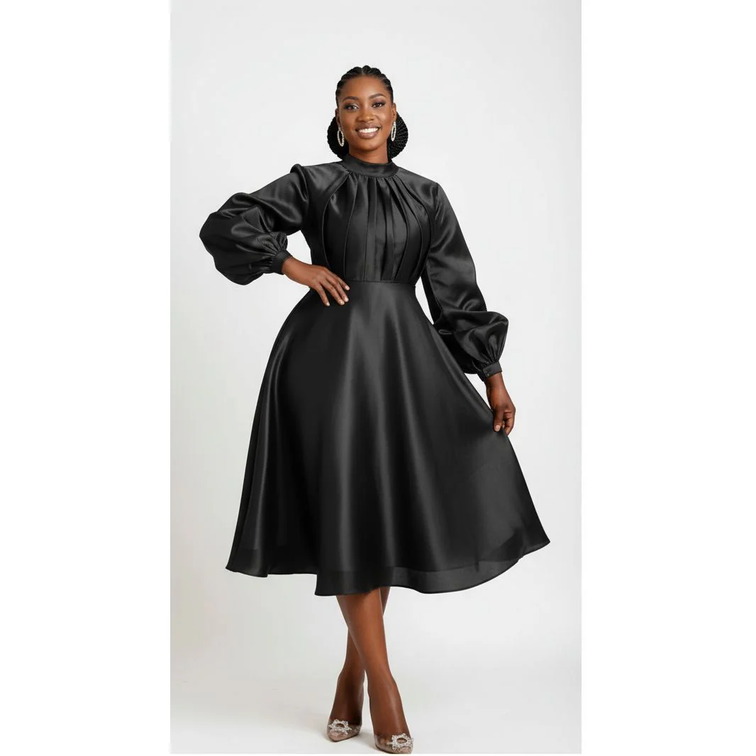 Pleated And Fluffy Sleeves Midi Dress. - Image 2