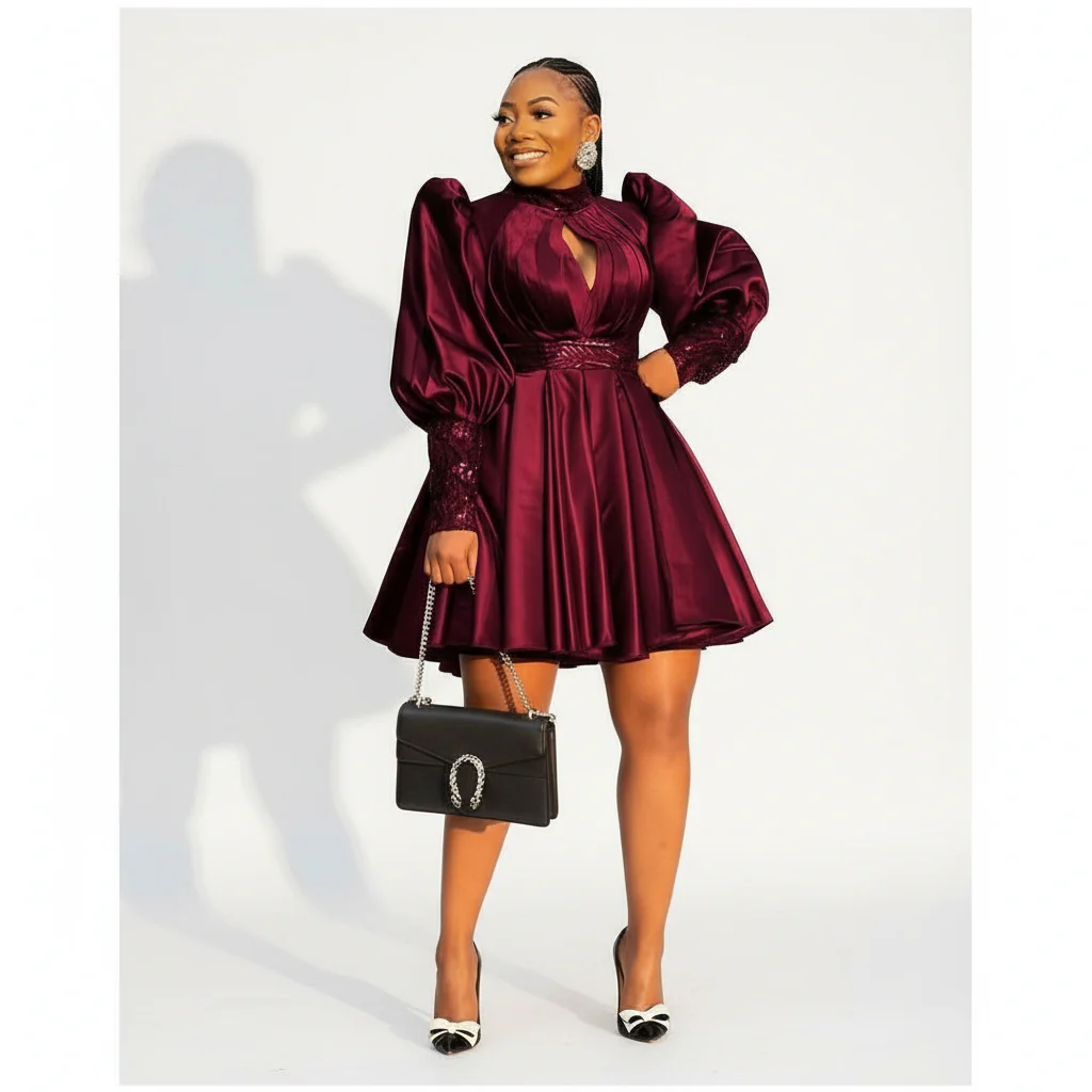 Pleated And Fluffy Sleeves Mini Dress. - Image 2