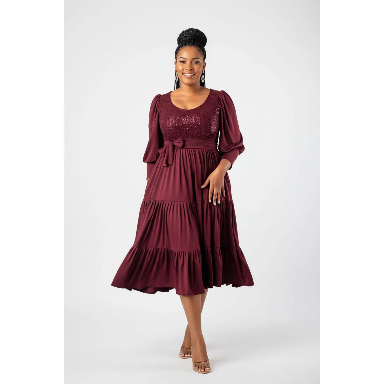 Pleated Long Sleeve Square Collar Dress. - Image 2