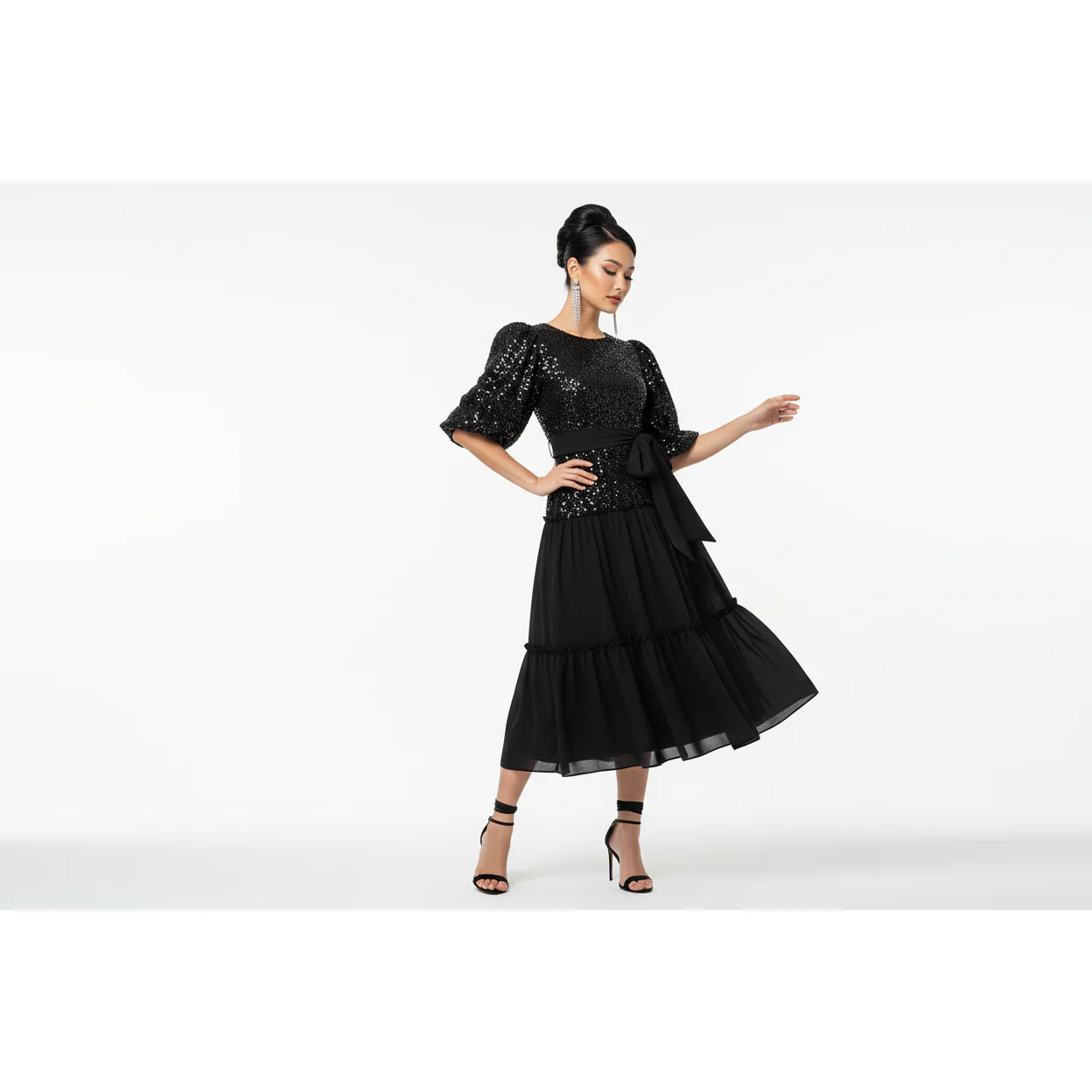 Pleated Long Sleeve Square Collar Dress. - Image 3