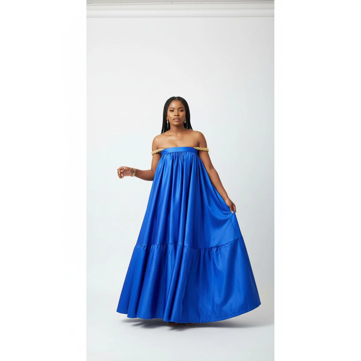 Pleated Off-Shoulder Flare Gown Midi Dress