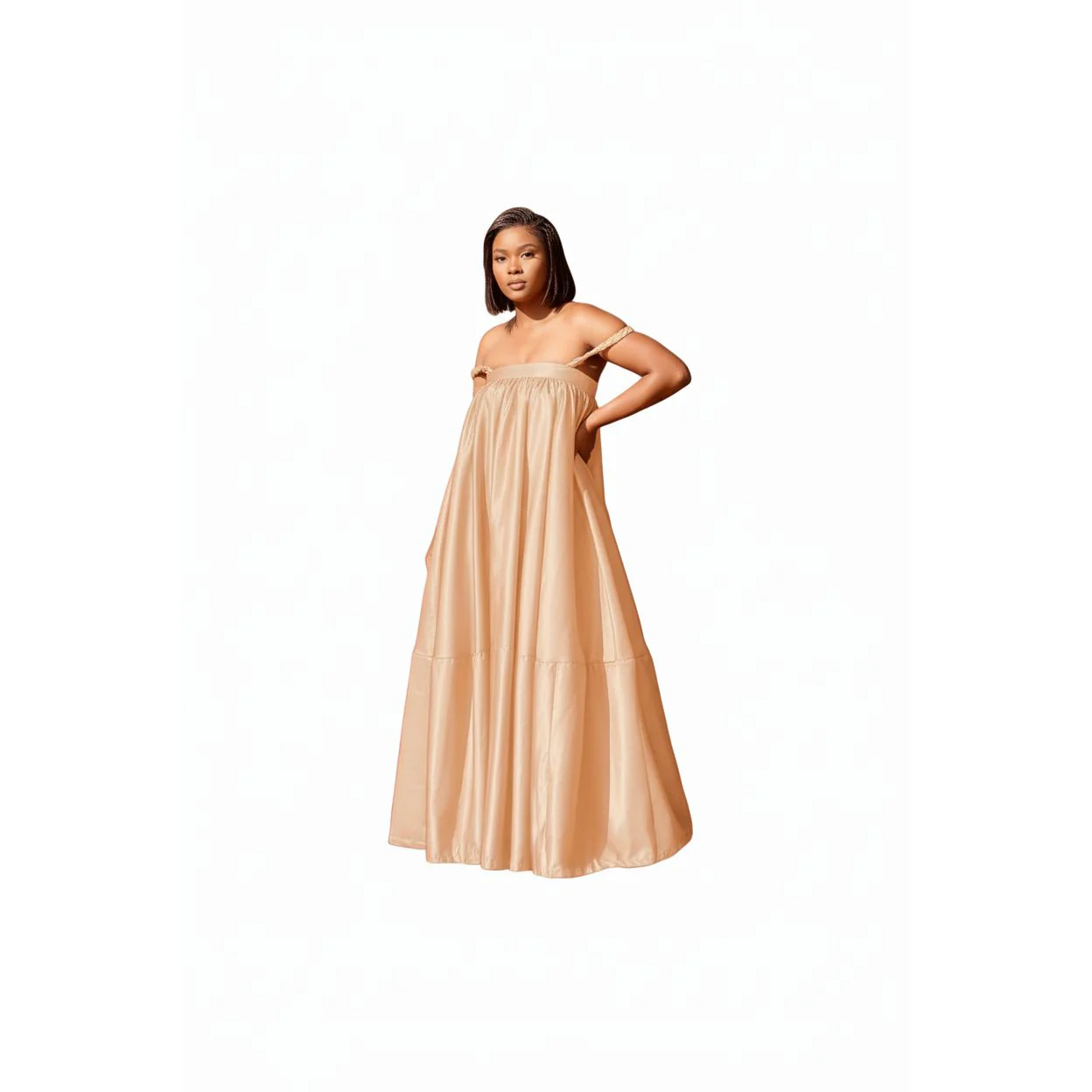 Pleated Off-Shoulder Flare Gown Midi Dress - Image 2