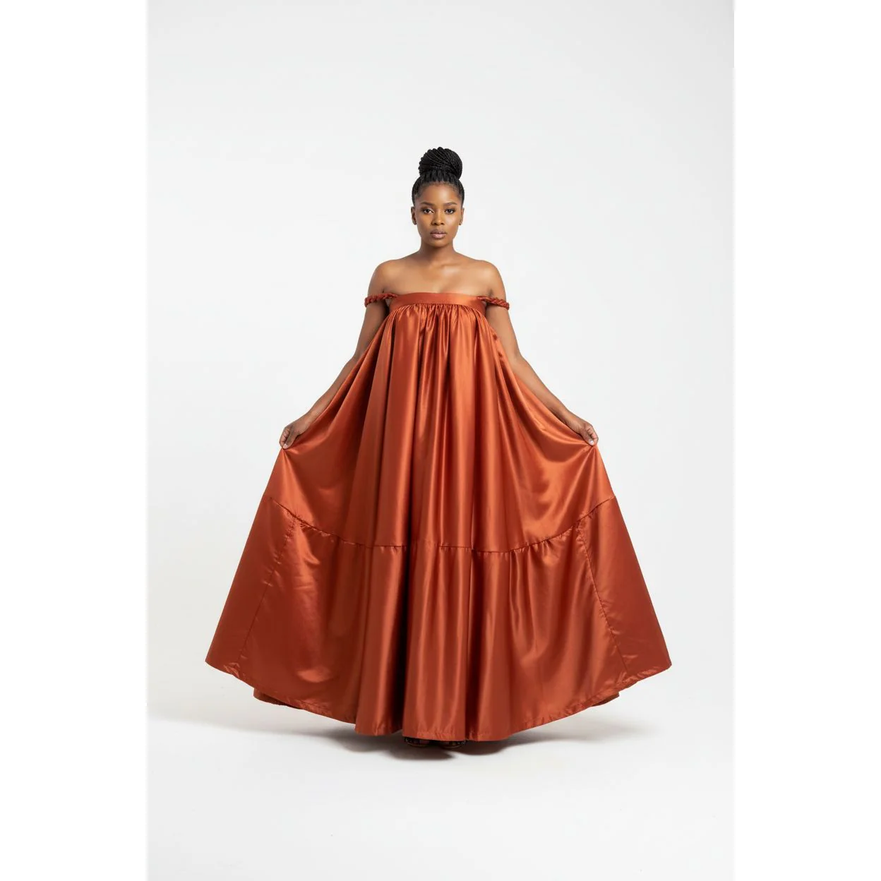 Pleated Off-Shoulder Flare Gown Midi Dress - Image 3