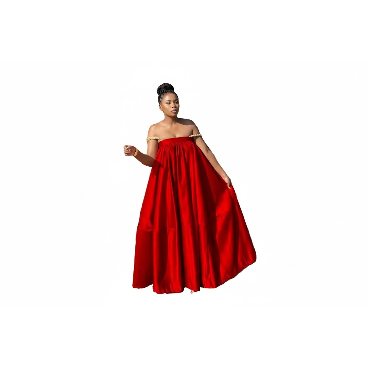 Pleated Off-Shoulder Flare Gown Midi Dress - Image 4