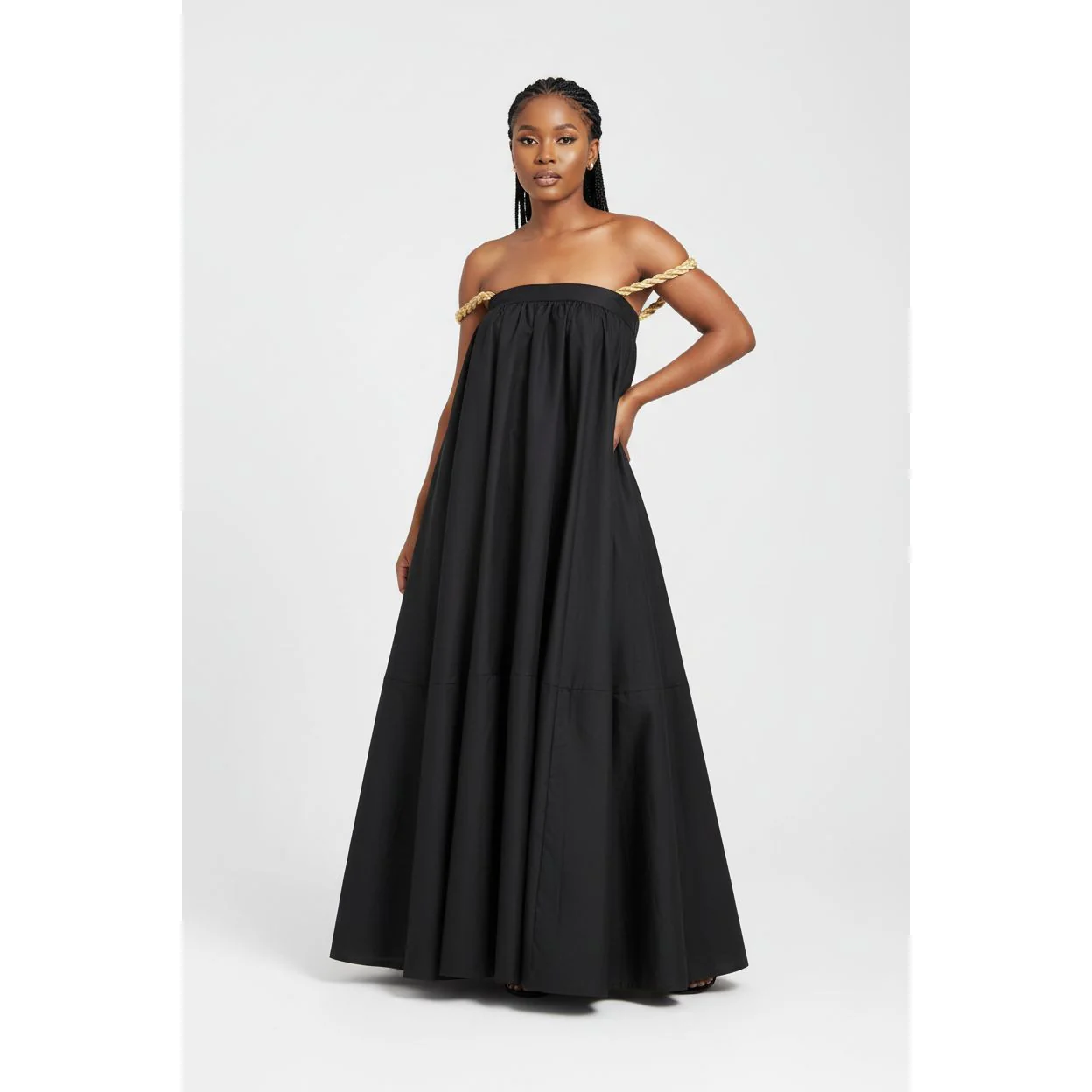 Pleated Off-Shoulder Flare Gown Midi Dress - Image 5