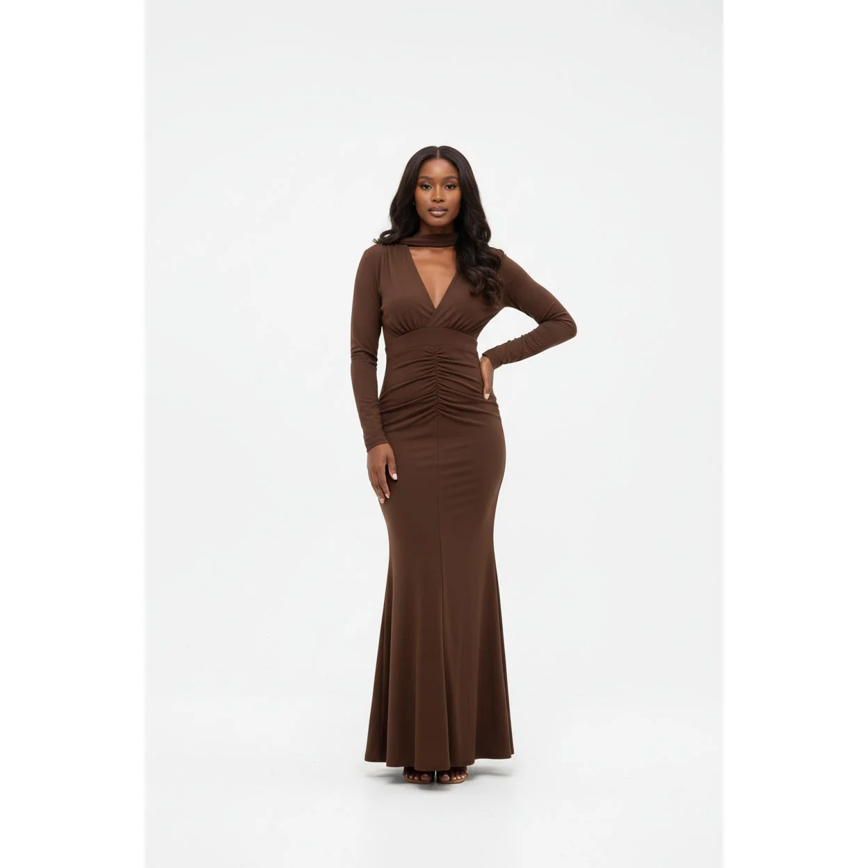 Bottom Pleated Solid Color Long Sleeve Front Tie Dress