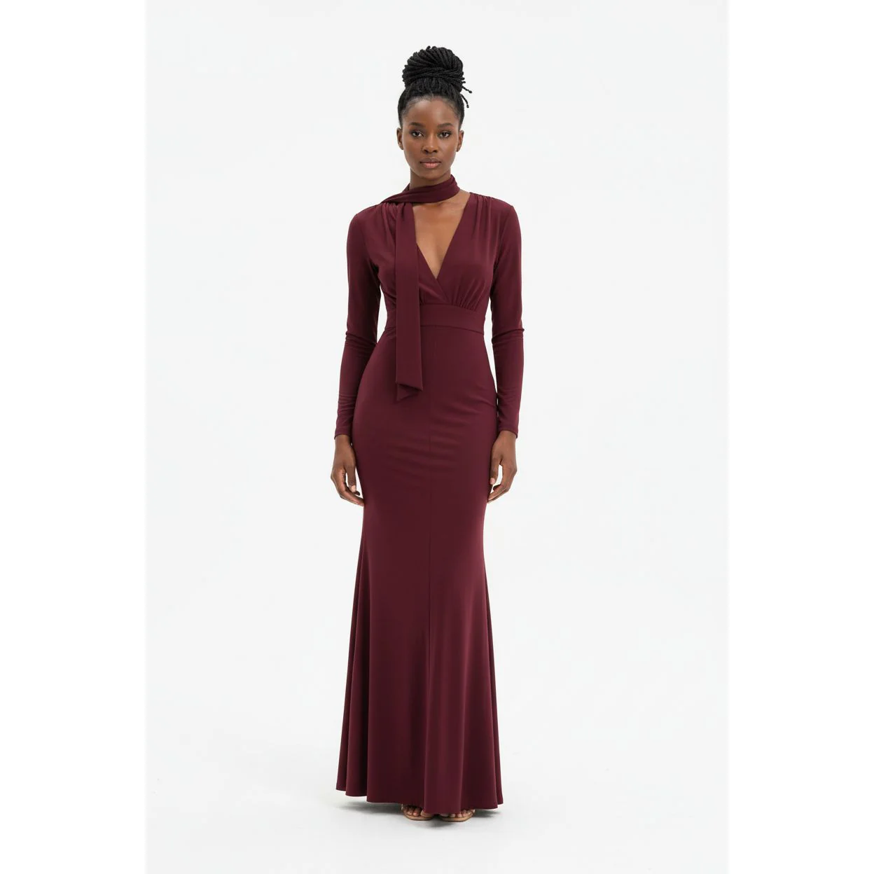 Bottom Pleated Solid Color Long Sleeve Front Tie Dress - Image 2