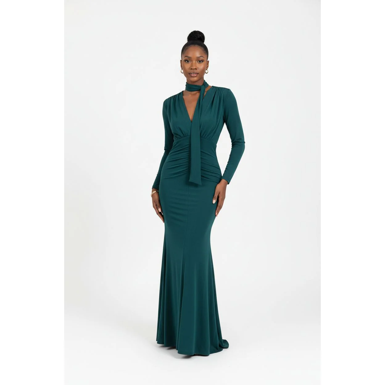 Bottom Pleated Solid Color Long Sleeve Front Tie Dress - Image 3
