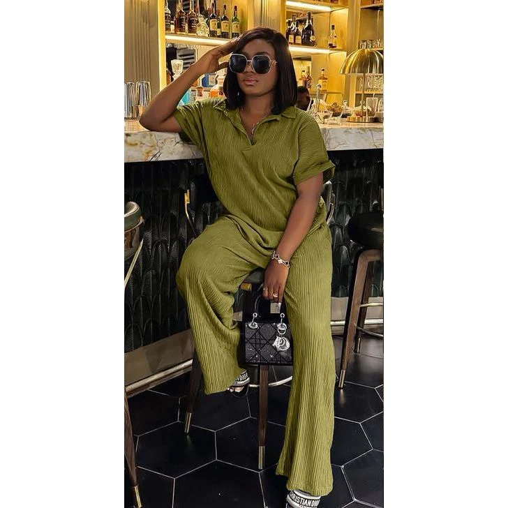 Pleated Shirt & Trousers Two Piece Sets Elegant Long Sleeve Shirts And High Waist Wide Leg Pants Suit - Image 2