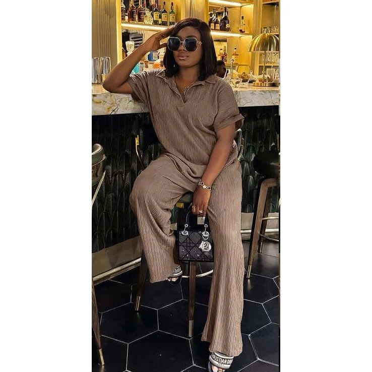 Pleated Shirt & Trousers Two Piece Sets Elegant Long Sleeve Shirts And High Waist Wide Leg Pants Suit - Image 4