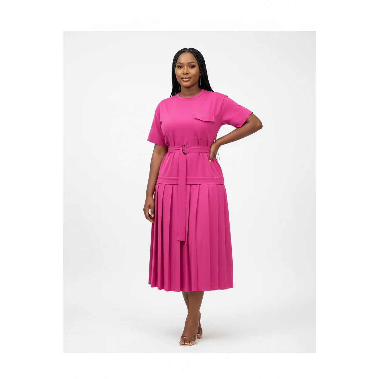 Pleated Short Sleeve Solid Color Dress - Image 2