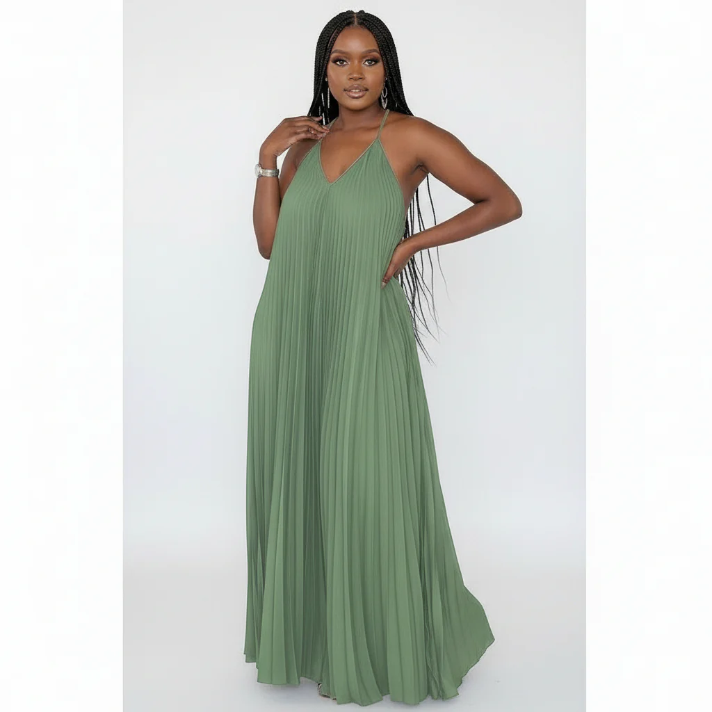 Pleated Sleeveless Midi V-neck Dress.
