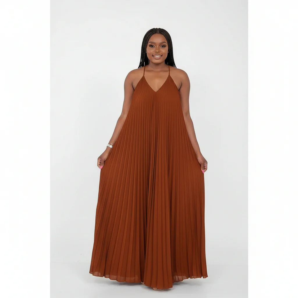 Pleated Sleeveless Midi V-neck Dress. - Image 3