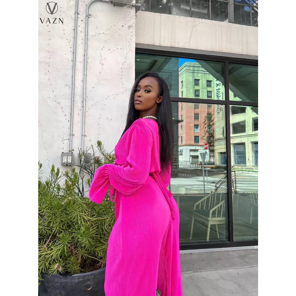 Pleated V-Neck Blouse and Pants 2 Pieces Set - Image 3