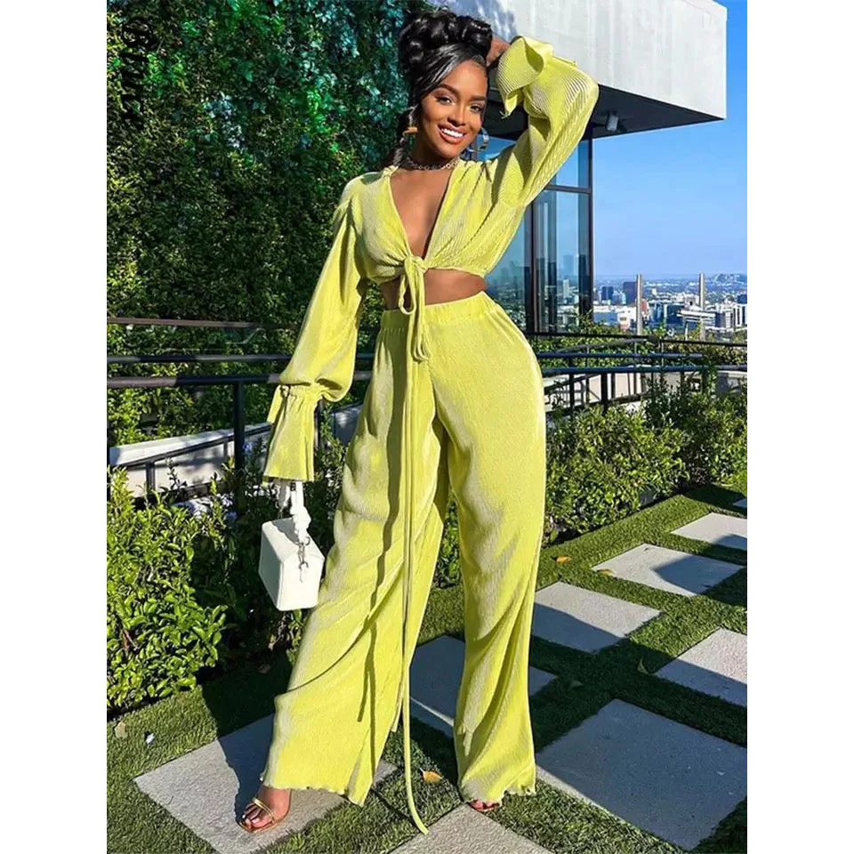 Pleated V-Neck Blouse and Pants 2 Pieces Set - Image 4