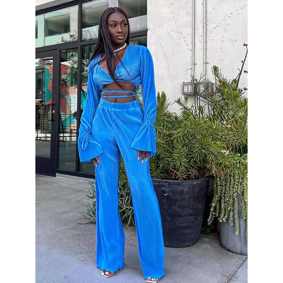 Pleated V-Neck Blouse and Pants 2 Pieces Set - Image 5