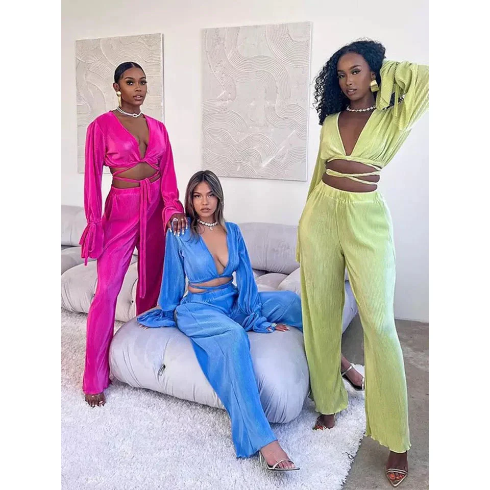 Pleated V-Neck Blouse and Pants 2 Pieces Set - Image 7